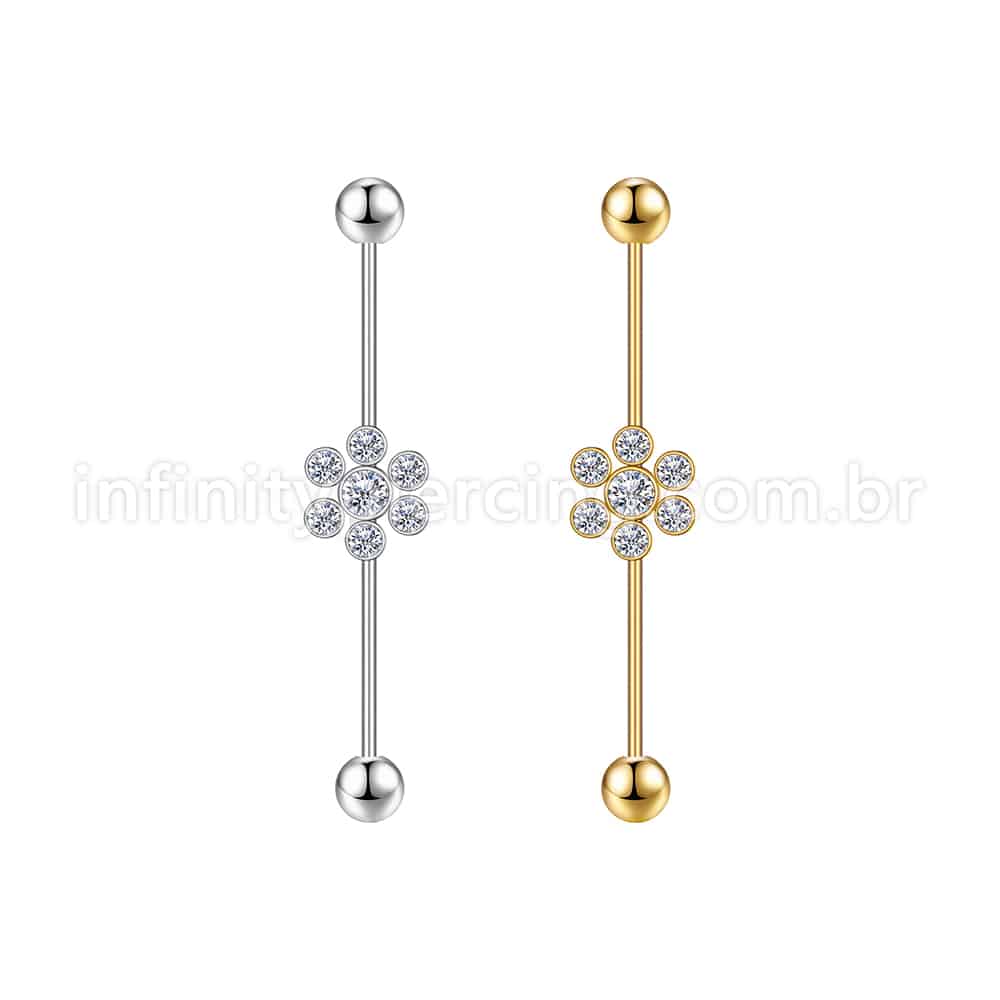 Piercing Transversal Aço Cirurgico Flor Zircônia